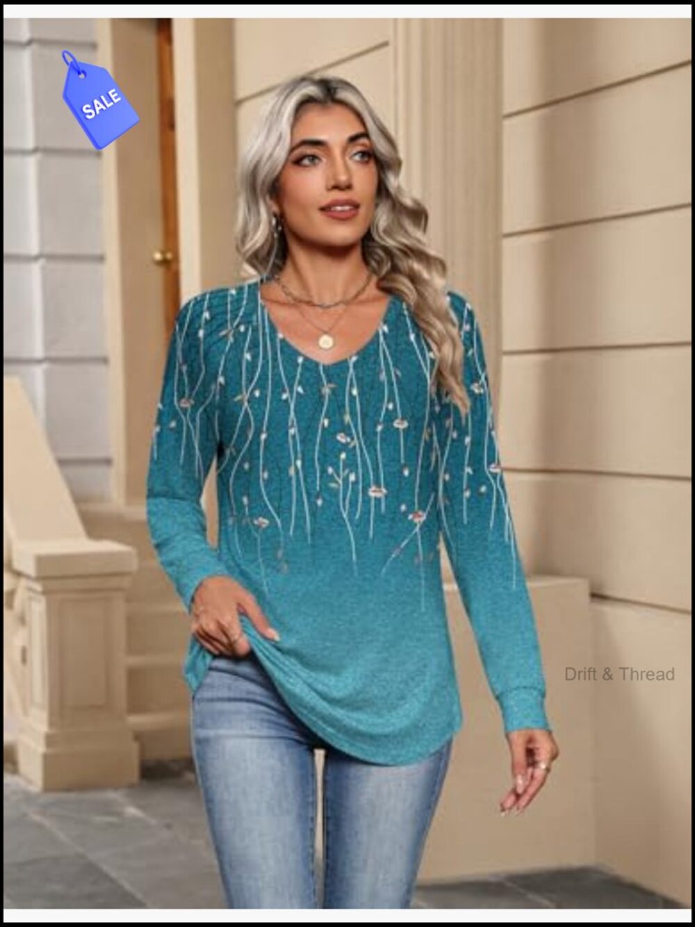 Long Sleeve V Neck Pleated Tunic Blouse Dressy Casual Tops for Women - Picture 3 of 7